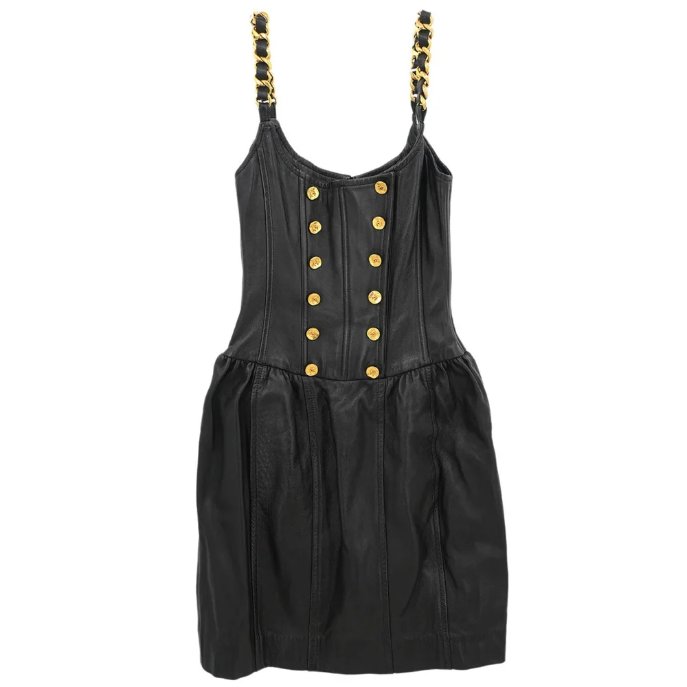 chanel leather dress 1993 Black Gold Fishbone Chain CC Buttons closet_11759